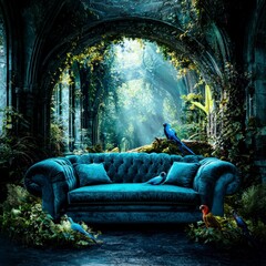 Vibrant Birds, Cozy Couch, Enchanted Forest, Nature Scene, Tranquil Environment, Dreamy Atmosphere