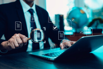 Online survey filling out and digital form checklist by laptop computer, Document Management...