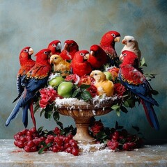 Colorful Parrots Feasting on Fruit, Indoor Still Life, Vibrant Arrangement, Close-Up View, Nature's Beauty