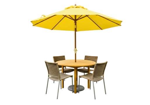 Yellow patio umbrella with wooden table and chairs isolated on transparent background