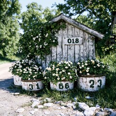 Rustic Whitewashed Cottage with Flower Pots and Numbered Barrels
