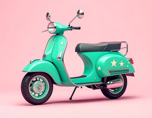 Retro-Inspired Mint Green Scooter with Star Decor on a Pink Background