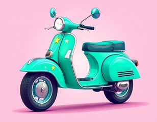 Playful Mint Green Scooter with Star Patterns on a Pink Background