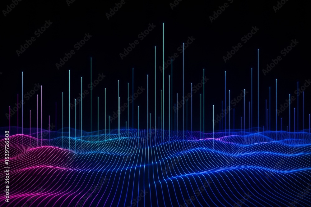 Poster Abstract glowing wave lines and vertical light bars on a dark background representing futuristic data visualization concept in digital style.