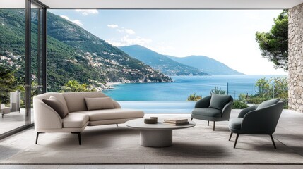 Stylish outdoor sectional sofa and armchairs with a scenic view.