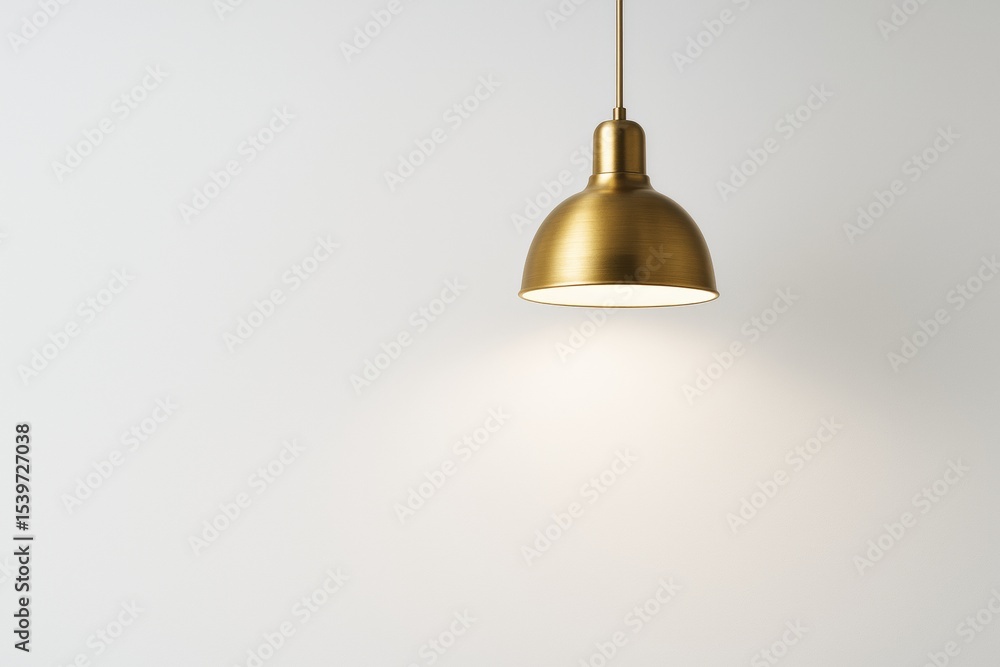 Poster elegant golden pendant light shining against a plain white wall background in a minimalistic and mod