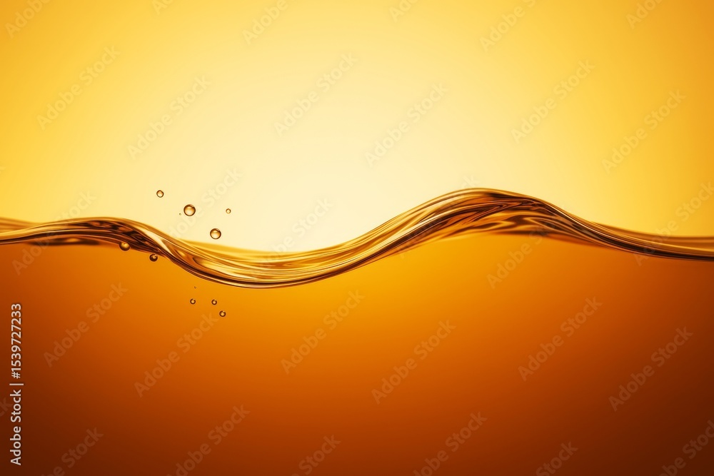 Poster Abstract golden liquid wave with droplets and smooth flow on bright gradient background, symbolizing purity and fluid motion. Ai generative.