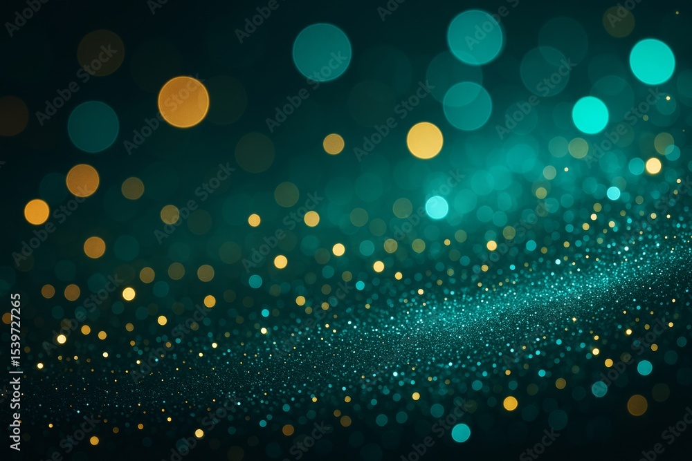 Poster Abstract teal and gold bokeh lights on dark background with floating glitter dots and soft glow effect in modern digital graphic design concept.