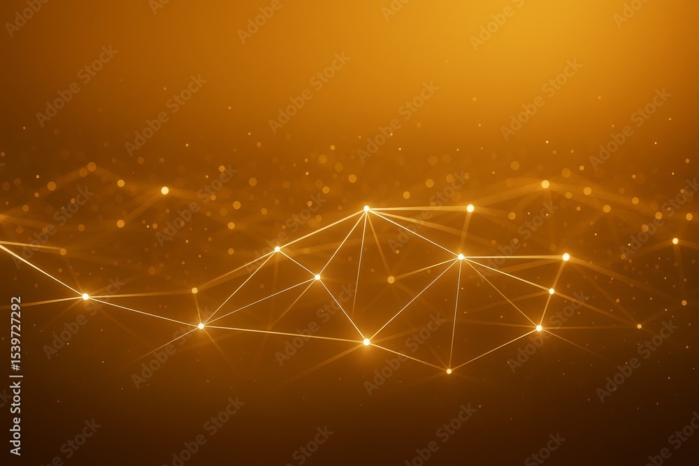 Aufkleber Glowing abstract geometric light network on dark golden background with connected points and lines in a digital particle space concept graphic style.