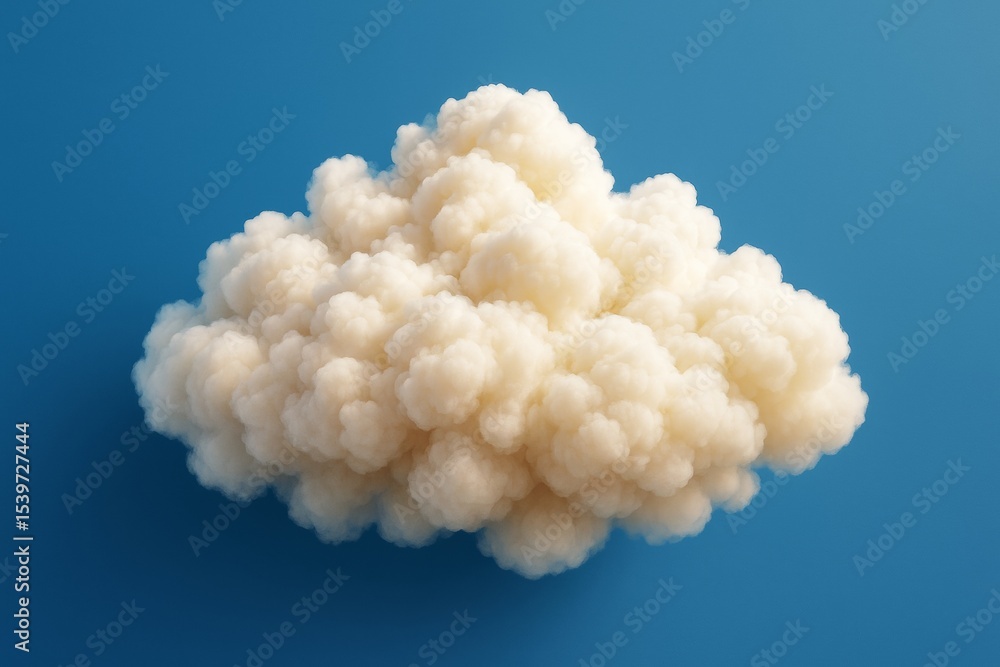 Poster Fluffy abstract cloud shape floating against blue background with soft lighting in minimal graphic style for conceptual and artistic use.