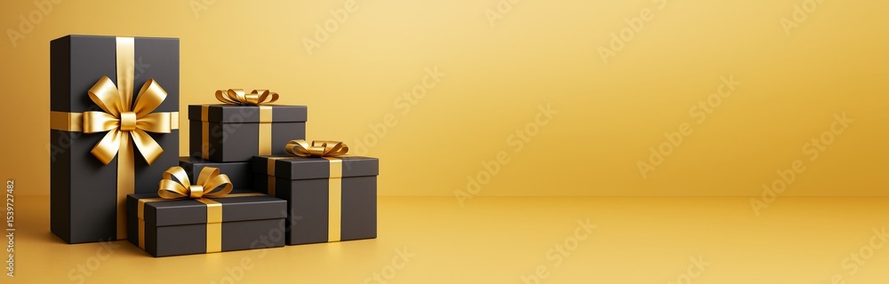 Poster black gift boxes with golden ribbons on yellow background with copy space for advertising and festiv