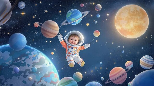 Cosmic Dream: Baby Astronaut Among Planets and Stars