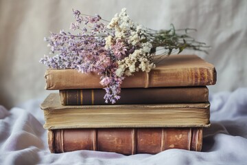 A bouquet of dried lavender rests atop a stack of antique books, evoking a sense of nostalgia and tranquility.
