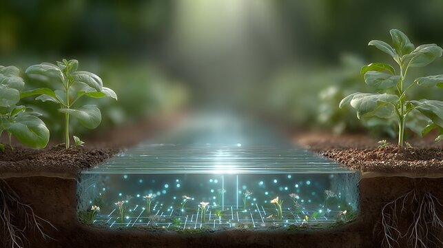 Smart agriculture technology futuristic farming innovative irrigation system plants growing water network soil roots