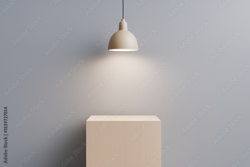 Poster minimalist podium under pendant light with soft spotlight on gray background for product display or 