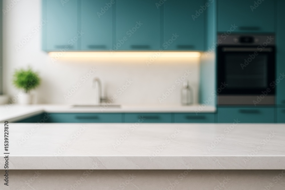 Poster clean white marble countertop with blurred modern kitchen background in soft focus for design mockup