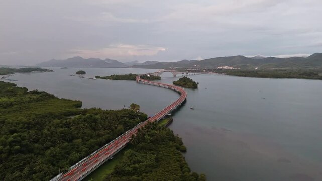 San Juanico Bridge looking towards Leyte. This major piece of infrastructure is reduced to single lane traffic one way whilst under repair.