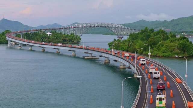 Single file one way traffic on the San Juanico Bridge as repairs begin to restore the bridge in Leyte Philippines.