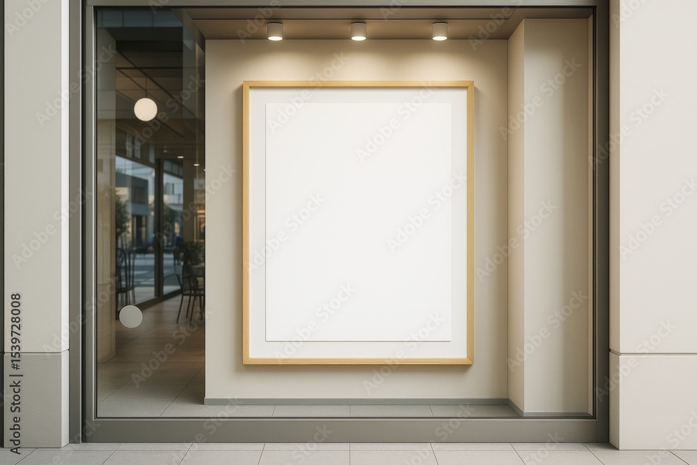 Poster Minimalist mockup of a blank square frame in a storefront with soft lighting and neutral background, ideal for advertising or branding display concepts.
