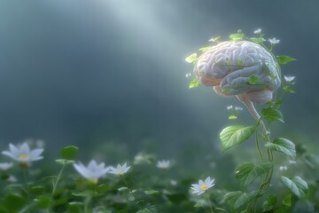 Human brain growing like a plant in a field of flowers nature and growth concept