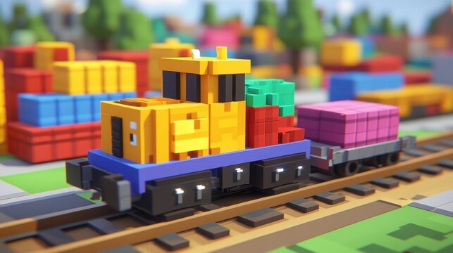 Pixelated cargo train in a city environment.  Colorful, stylized, and detailed