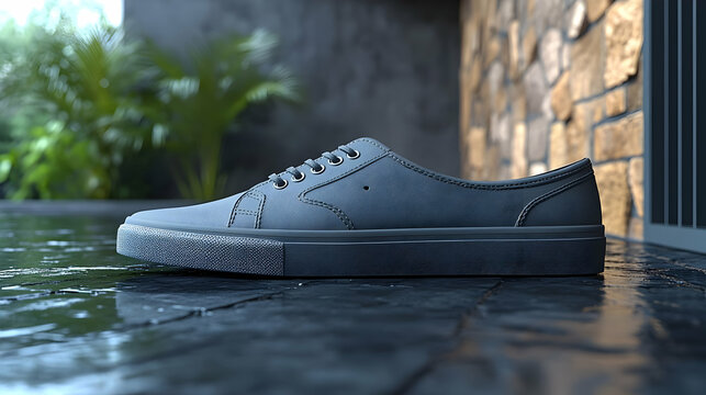 Sleek Gray 3D Sneaker Illustration on Wet Stone Background