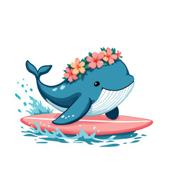 Vsai cute whale surfing with tropical flower crown, summer vibes