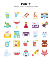 Collection of 25 Party Icons. Festive. Summer. and Birthday Celebration