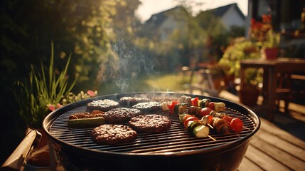 A close up of a barbecue grill with burgers and vegetable skewers cooking outdoors in a backyard setting