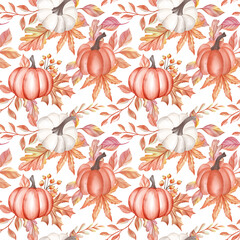 Watercolor Autumn Seamless Pattern: Peach & White Pumpkins with Fall Leaves