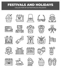 Collection of 25 Festivals and Holidays. Line Icons Pack
