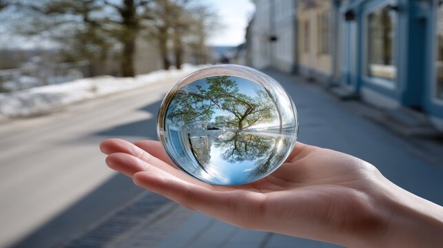 A hand gently cradles a clear glass sphere, inverting a spring street scene of buildings, trees, and melting snow into a miniature world