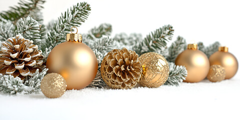Elegant gold Christmas decorations with snowy pine branches and cones against a white backdrop.