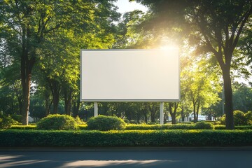 Blank Billboard Sign with Lush Green Trees and Sunshine: Serene Outdoor Advertising Display for Nature-Inspired Brand Messaging