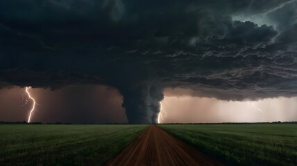 a dark sky with a massive tornado, bad weather