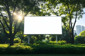 Blank Billboard Sign with Lush Green Trees and Sunshine: Serene Outdoor Advertising Display for Nature-Inspired Brand Messaging