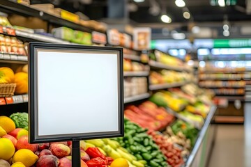Blank Price Board with Fresh Food in Supermarket Aisle: Clean Retail Display for Promotional Pricing and Product Branding