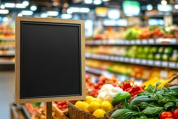 Blank Price Board with Fresh Food in Supermarket Aisle: Clean Retail Display for Promotional Pricing and Product Branding