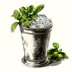 Mint Julep cocktail in metal cup with crushed ice and mint sprig garnish vector isolated on a white background