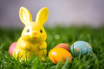 3D-rendered yellow Easter bunny figurine with vibrant colorful eggs on lush green grass, capturing festive springtime celebration, joy, and holiday decoration concept