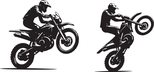 2 Young man on sports motor bike performs tricks silhouette