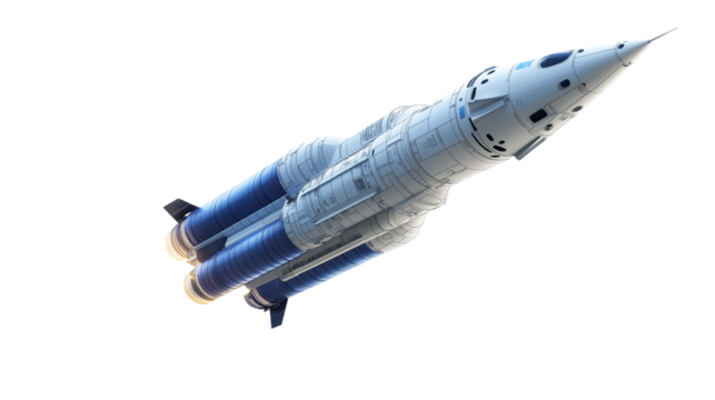 Powerful Rocket Launching into Space, Futuristic Spacecraft Design on white and transparent Background