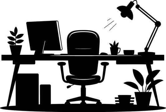 recommend clip art: A black and white silhouette of a desk with a computer chair and lamp in a workspace setting