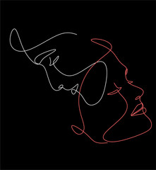 Abstract man and woman drawn one line vector illustration. Portrait, minimalist style. Modern continuous line art. Beauty salon.