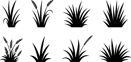 Illustration of eight black grass tufts and wheat silhouettes on a white background in two rows