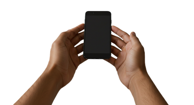 both hand holding mobile phone on white or transparent background PNG