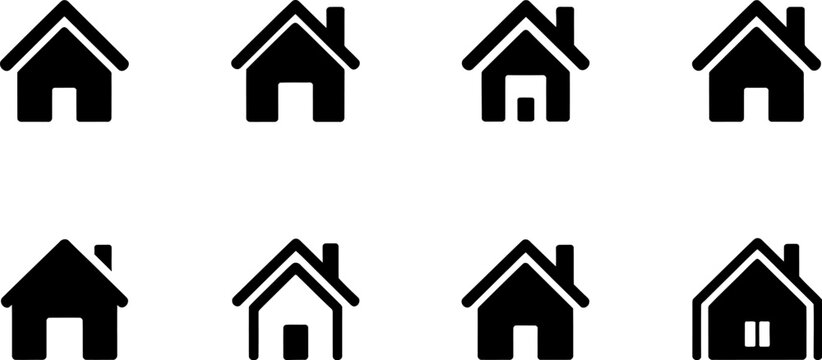 Eight house icons arranged in two rows on a white background featuring various home symbol designs