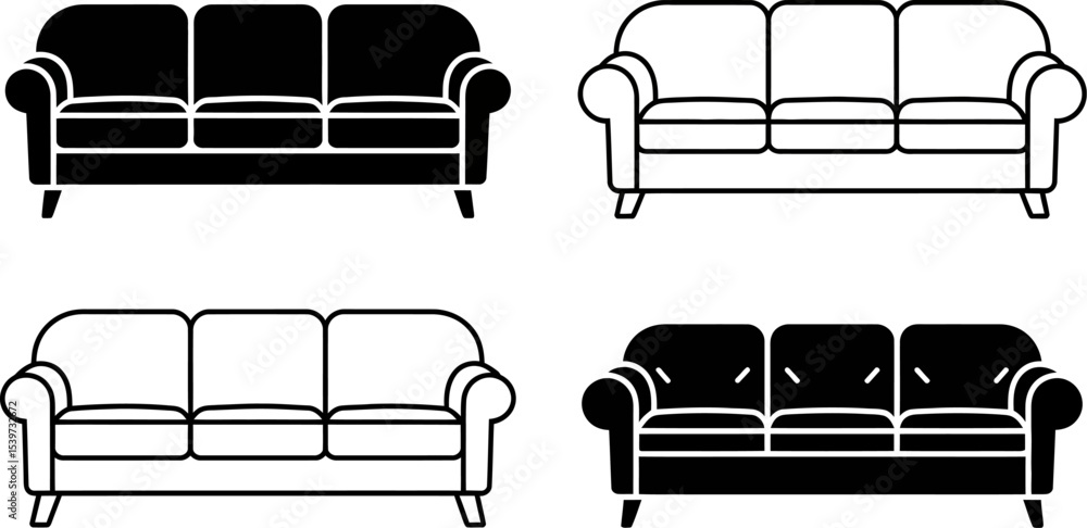 Aufkleber four sofas of different styles in black and white line art on a white background in a square format