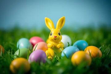 3D-rendered yellow Easter bunny figurine with vibrant colorful eggs on lush green grass, capturing festive springtime celebration, joy, and holiday decoration concept