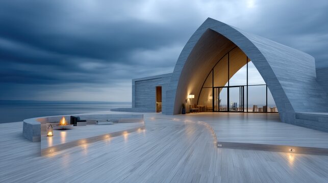 A modern, minimalist cliffside home with a large, arched glass entryway opens onto a spacious wooden deck overlooking a stormy sea.  The deck features built-in seating, a fire pit, and subtle lighting